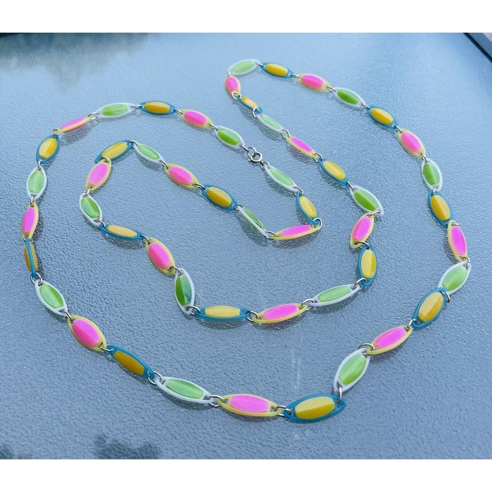 Vintage Bright Fruit Salad Plastic Bead Necklace Extra Long 54" Mod Layering
